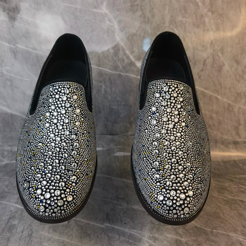 Visco Fashion Rhinestone Loafers For Man Luxury Leather Shoes Slip On Italian Dress Shoes Men Handmade Wedding And Party Shoes