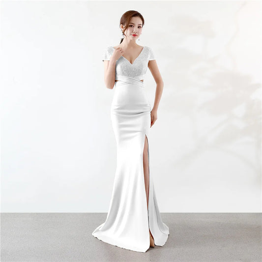 Maxy Customized Cap Sleeve V Neck Cross Waist Side Slit Backless Dress Cocktail Party Evening Gowns For Women