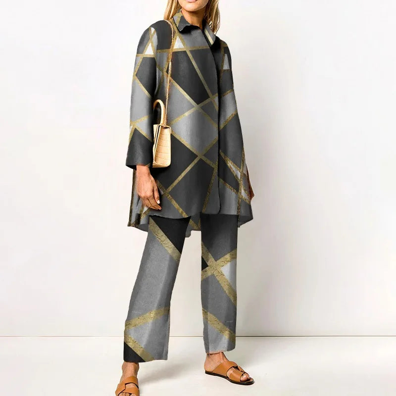 Maxy Autumn New Loose Vintage Printed Pant Sets Women Long Sleeve Shirts And Wide Legs Trousers Two Piece Set Fashion Streetwear