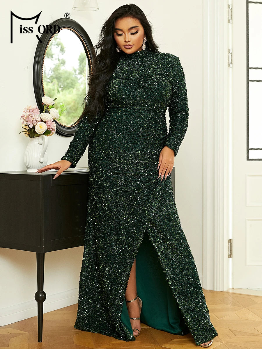 Missord Elegant Green Plus Size Evening Dresses Women Long Sleeve Sequins Thigh Split Party Prom Fomal Dress Winter Maxi Gown