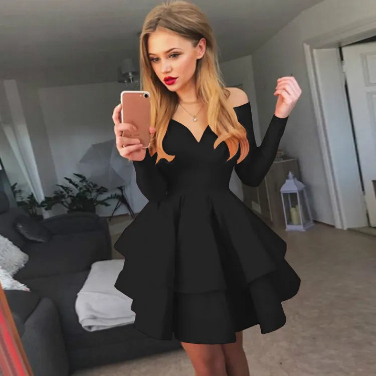 Maxy European American New Women's Cross-border Shoulder Dress Sexy and Elegant Deep V-neck Long-sleeved Princess Evening Dresses