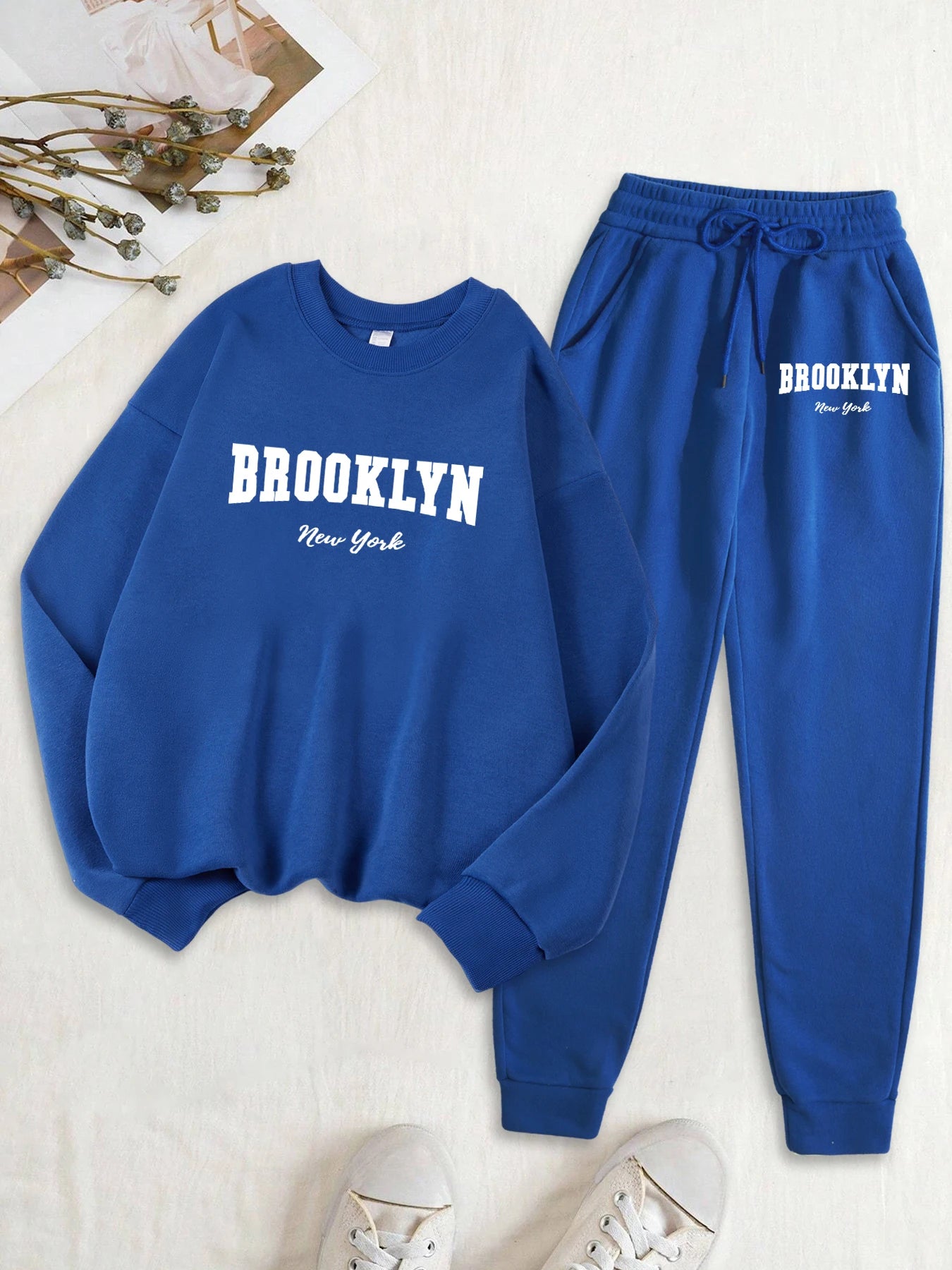 Maxy Brooklyn New York Letter Print Women Sweatshirt Set Autumn Fleece Clothes 2Pc Sets O-Neck Casual Tracksuit Fashion Jogging Pants