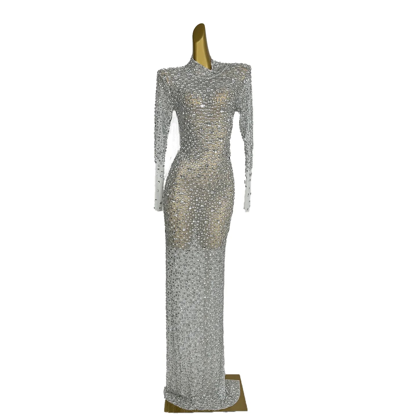 Maxy Red Diamonds Dress See Through Long Sleeve Evening Dress Festival Clothing Rhinestone Prom Gowns  Special Occasion Dress Gesebei