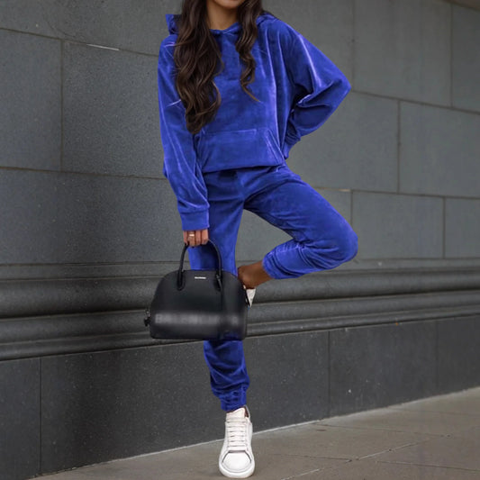 Maxy Autumn Winter Velvet Tracksuit Set Elegant Soft Pocket Pullover Top Female Loose Sweatsuit Pants Suit Two Piece Set Outfits