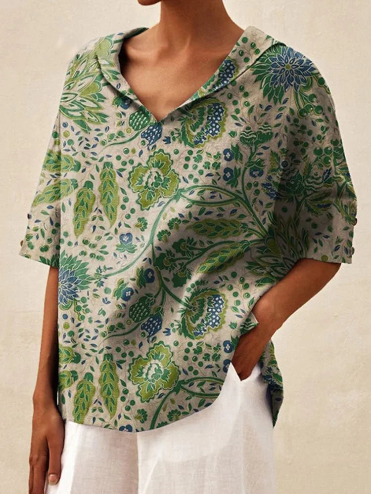 Maxy Women's Loose V-Neck Cotton Linen Shirt, Casual Elegant Summer Blouse Office Wear