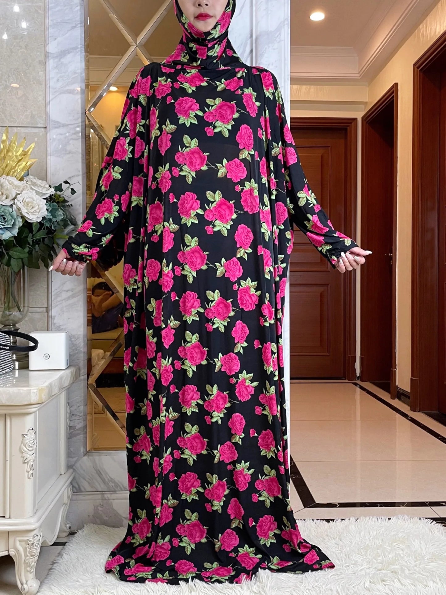 Maxy Muslim Women Hooded Abaya Turkey-African Prayer Garment Kaftan Dress With Hijab Floral Prints Dubai Saudi Robe Ramadan