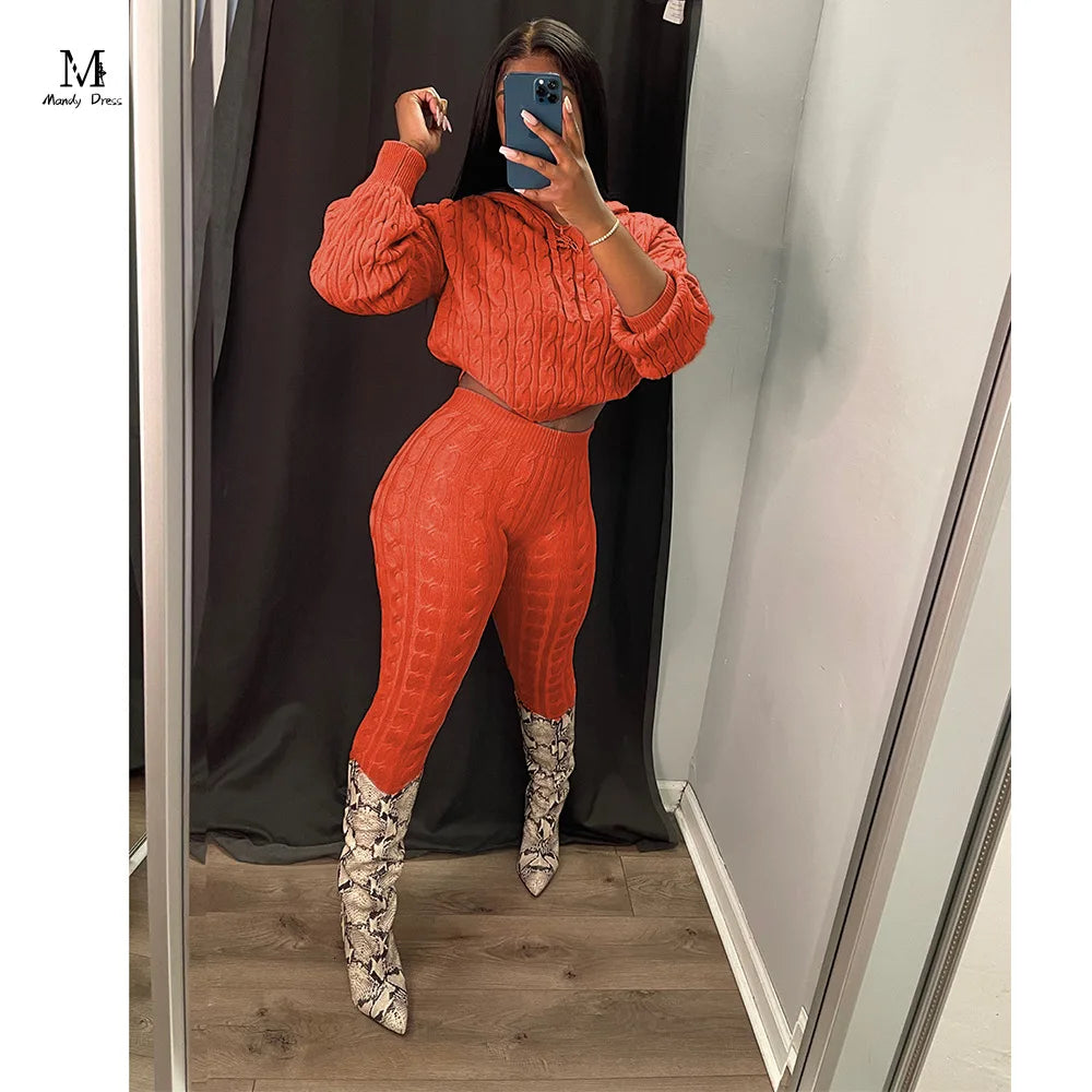 Maxy Fall Winter Women Knit Sweater Matching Sets Skinny Hoodies and Pants Clothing Casual Loungewear 2 Two Piece Outfits