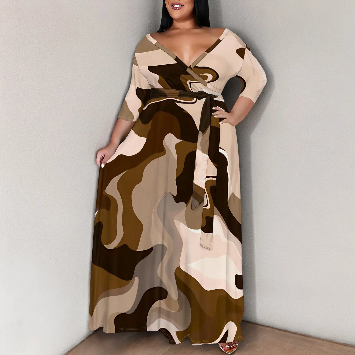 Maxy Plus Size for Women Summer Casual Floral Printing V Neck 3/4 Sleeve Maxy Floor Dress Lace Up Beach Sundress
