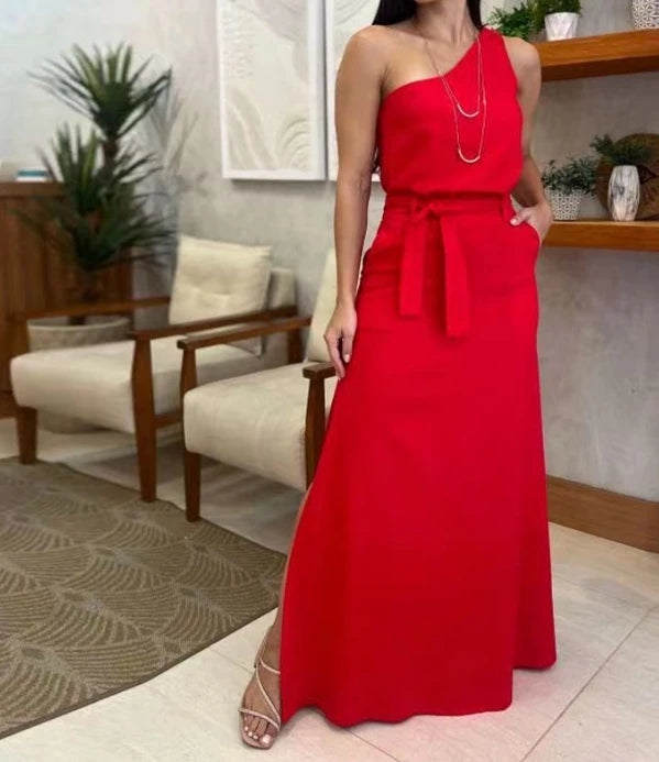 Women's Dress Suit Set Elegant Solid Color One Shoulder Slanted Neck Sleeveless Top and High Waist Tie Details Half Skirt Set