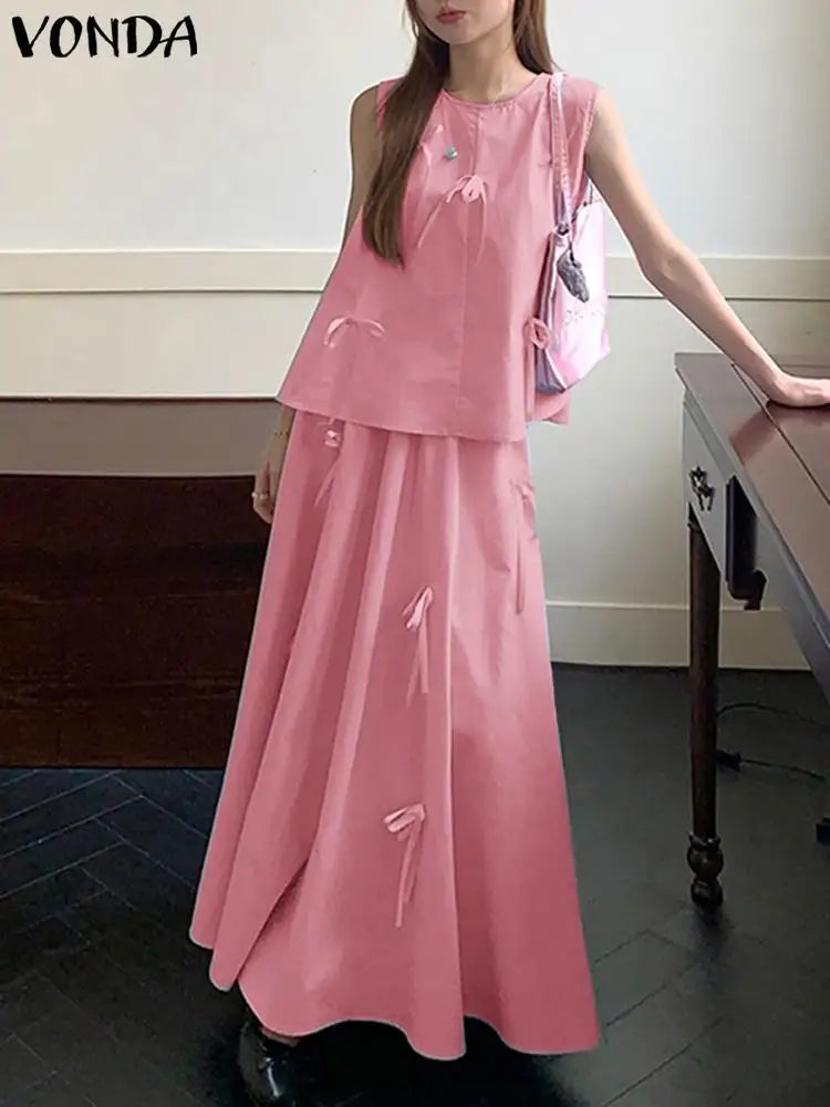 VONDA Elegant Women Dress Sets 2024 Fashion Solid Color Party Suits Sleeveless Tops Casual Loose Elastic Waist Long Dress