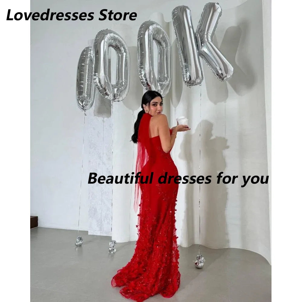 Maxy Red Evening Dress Customized Halter Neck Appliqued Mermaid Jersey Saudi Arab Prom Gown Birthday Party Dress