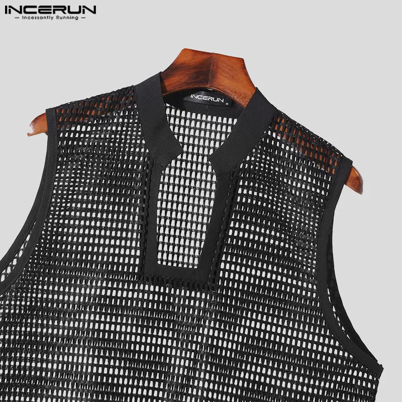 Visco Men Tank Tops Solid Color Stand Collar Sleeveless Hollow Out Male Vests Transparent Streetwear Fashion Men Clothing INCERUN