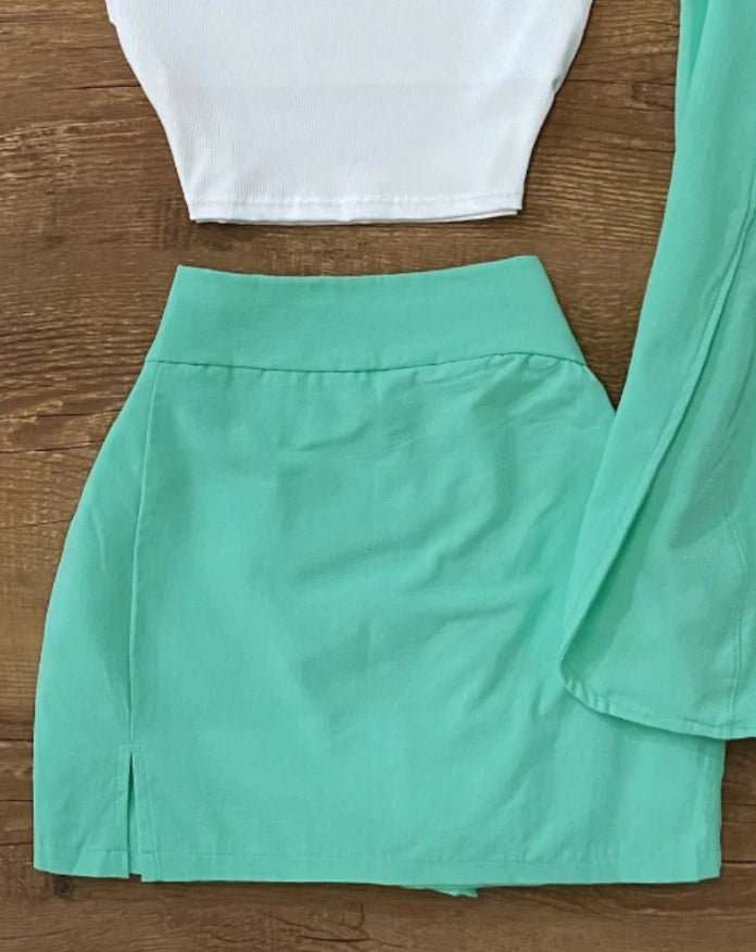 Maxy Sets for Women 3 Pieces Outfits casual commuting sleeveless Blazer Jacket round neck white vest and green mini skirt set