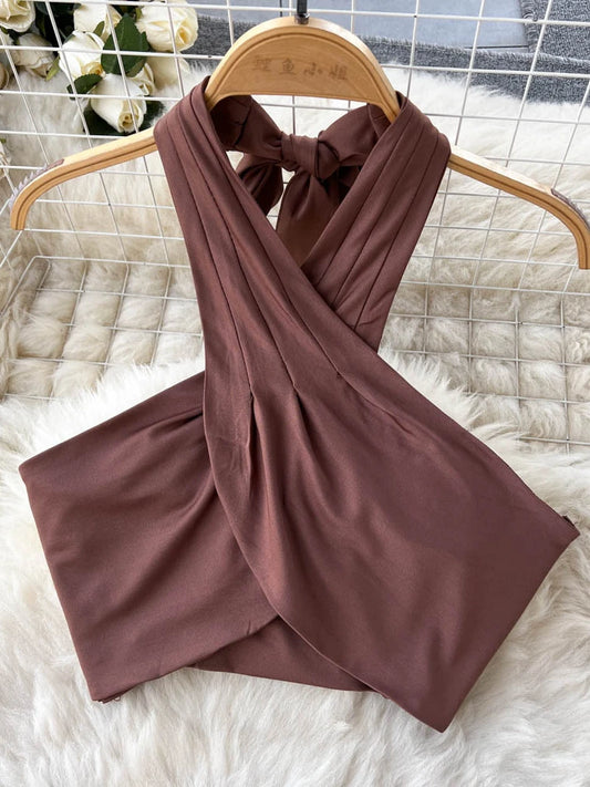 Maxy Summer Sexy Beach Two Piece Set Women Cross Necked Crop Top Split Mid Length Wrap Skirt Boho Brown Suits
