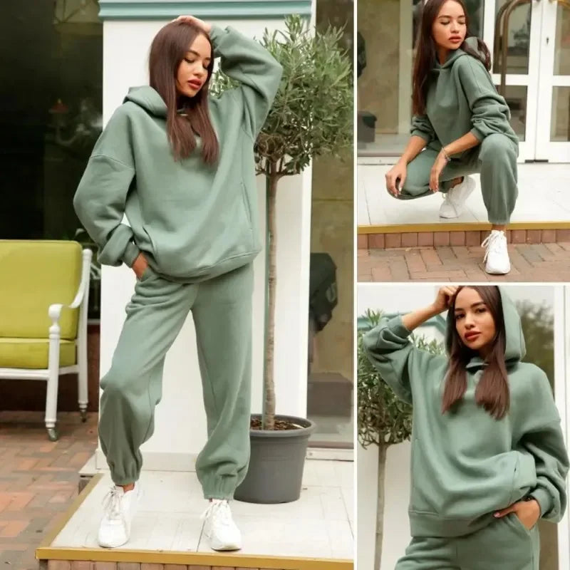 Maxy Winter Tracksuit Women Two Piece Set Solid Warm Suits Hoodies Sweatpants Oversized Pullovers Long Pant Sportswear
