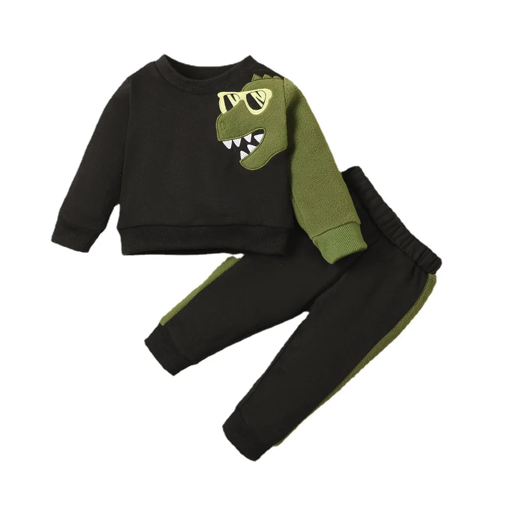 Babs 3-24 Months Baby Boy Clothes Set Long Sleeves Dinosaur Print Black Sweater+Pants 2PCS Clothing Autumn Winter Toddler Boy Outfit