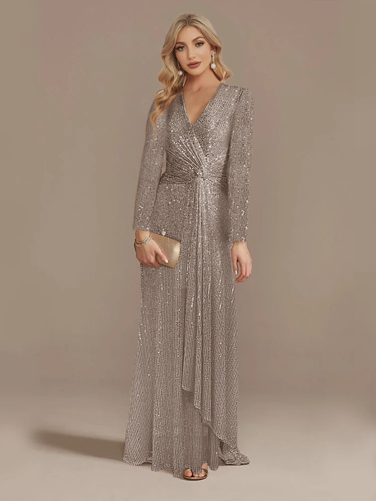 Maxy Luxury Long Sleeve V-Neck Evening Dress Wedding Party Sequins For Women Female Guests Red Prom Cocktail Dresses