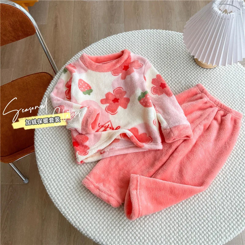 Maxy New 2024 Autumn Winter Kids Thick Warm Flannel Pajama Sets Baby Boys Girls Cartoon Long Sleeve O-neck Clothing Sleepwear Pyjamas