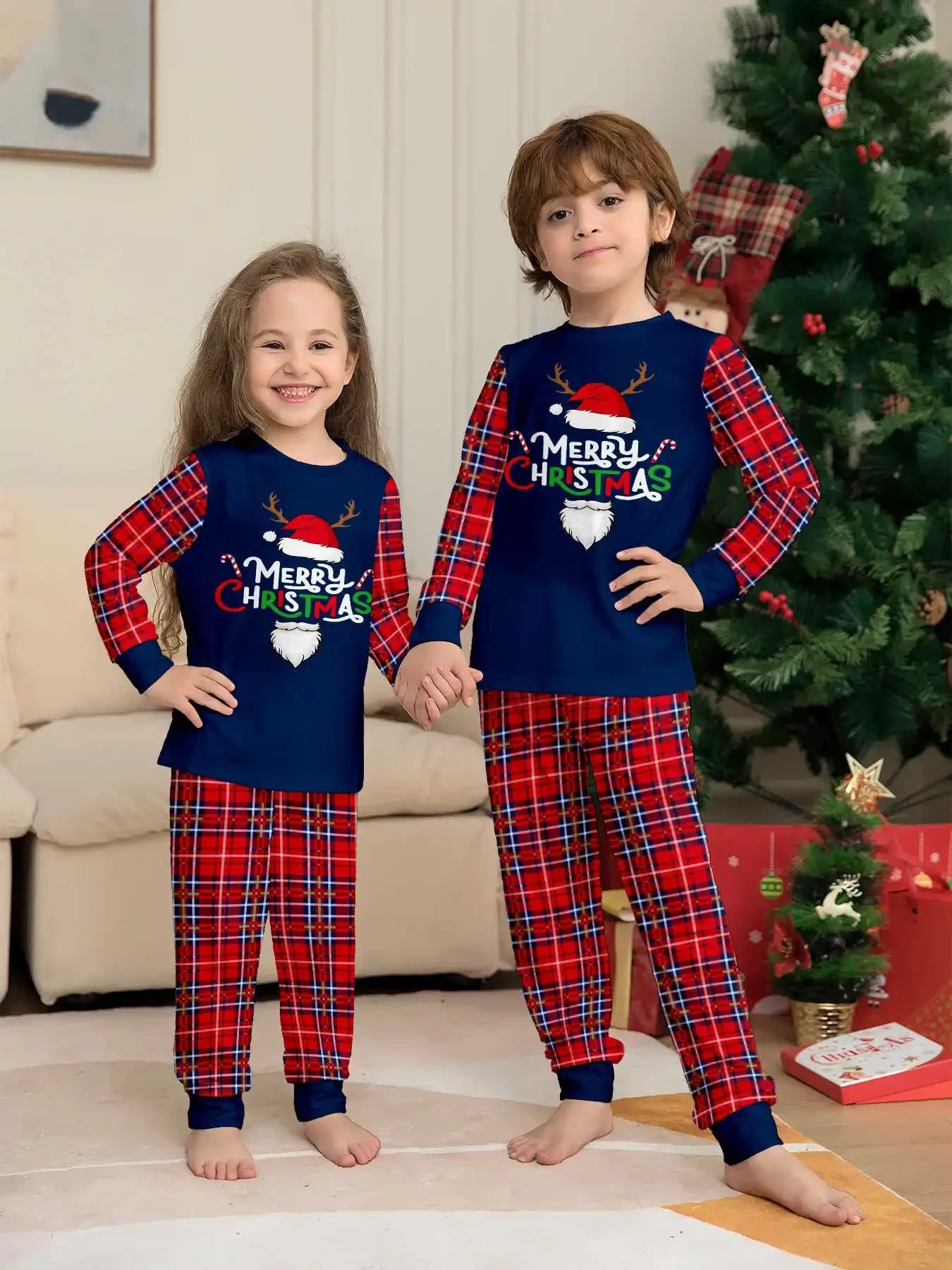 Winter 2024 Plaid Print Parent-child Matching Outfits Cute Loose Family Christmas Pajamas Set Baby Dog Romper Xmas Look Pyjamas