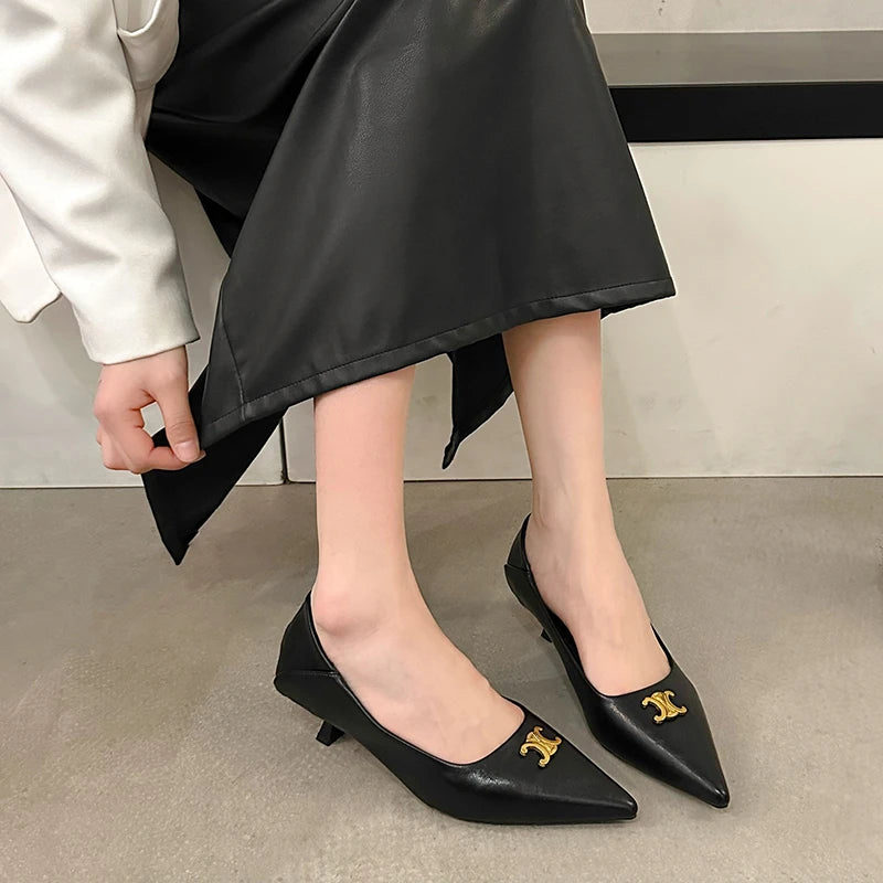 Maxy Female Luxury Low Heel Footwear Shallow Pumps Shoes for Women Summer Designer Brand Pointed Toe Metal Heeled Sandals Slides