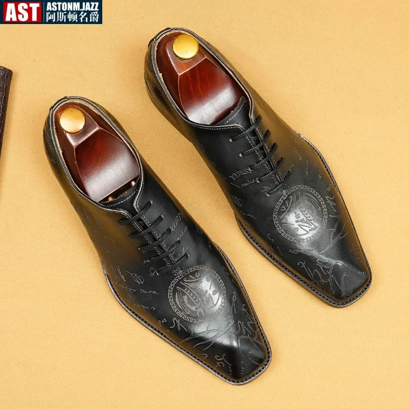 Visco Italian Shoes Men Wedding Dress Shoes Fashion Genuine Leather Square Toe Lace Up Business Shoe Formal Gray Brown Party Shoes