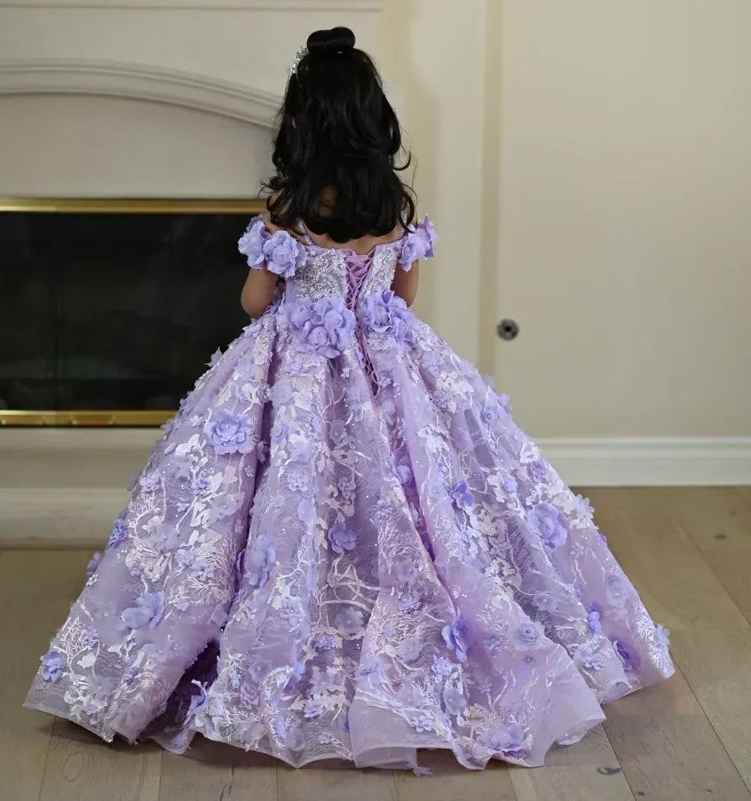 Maxy Lavender Flower Girl Dresses for Wedding Floral Appliques Bead Floor Length Girl Kids Birthday Party First Holy Communion Gowns