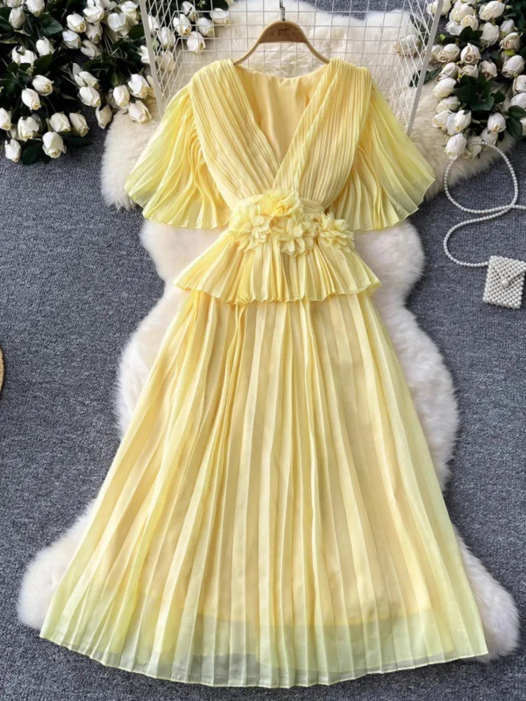 Babs SHENGPALAE Spring Summer New Chiffon Dress for Women Minimalist Fashion V-neck Princess Loose Elegant Female Dresses 5C1279