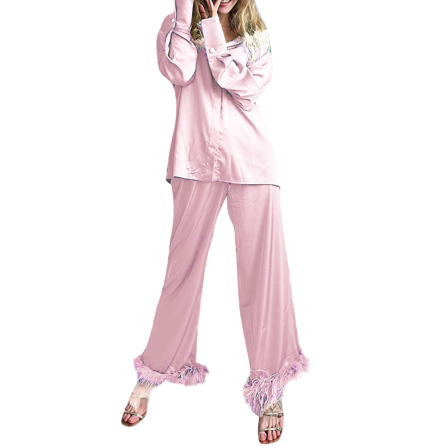 Women 2 Piece Pajamas Set Button Long Sleeves Shirt and Feather Cuff Elastic Pants for Loungewear Soft Sleepwear