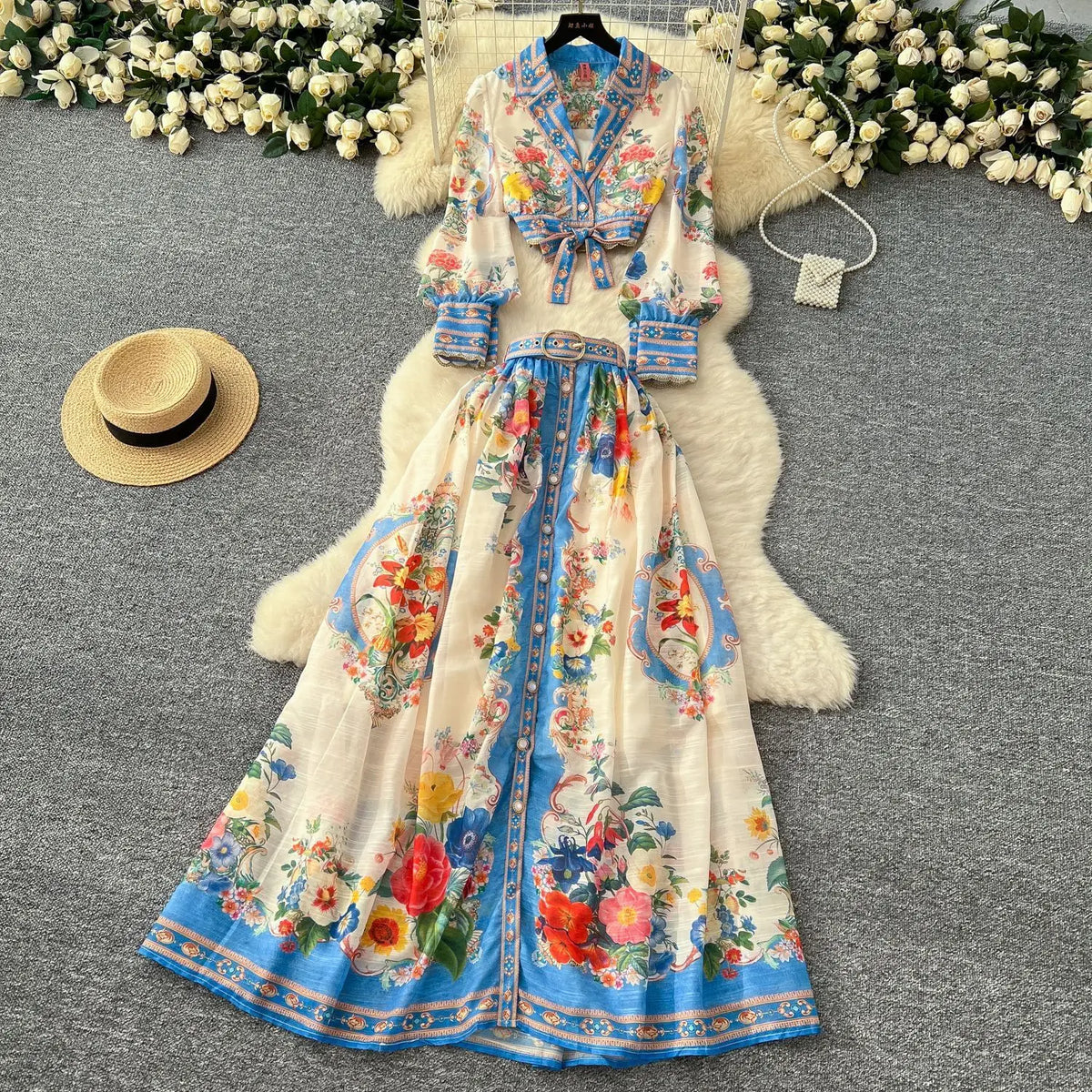 Maxy Elegant Floral Dress 2 Piece Skirt Sets Women Summer Autumn Palace Crop Top Print Shirt A Line Long Skirts Beach Outfit