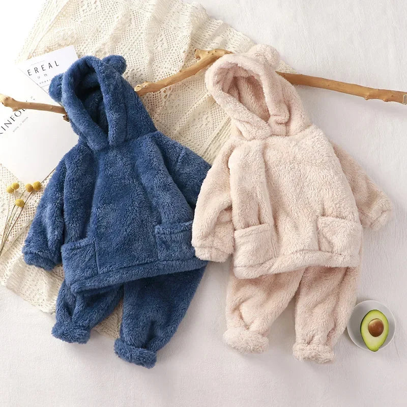 Maxy 1-4 Years Baby Boy Girl Clothes Pajamas Set Flannel Fleece Infant Toddler Child Warm Hooded Sleepwear Home Suit Winter Autumn