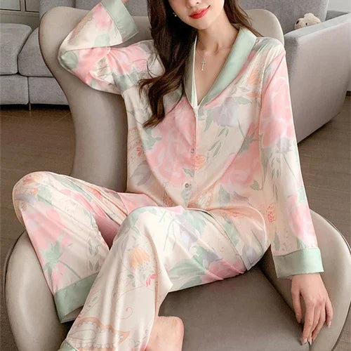 Maxy High Quality Light Luxury Ice Silk Pajamas Women's Pajama Spring and Autumn Style Long Sleeve Home Set Nightwear Sleepwear