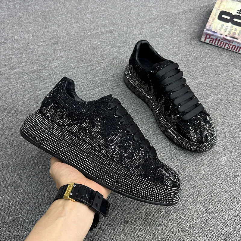 Maxy Luxury Designer Men's Glamour Blue Rhinestone Platform Prom Shoes Causal Flats Moccasins Male Rock Hip-hop Walking Sneakers