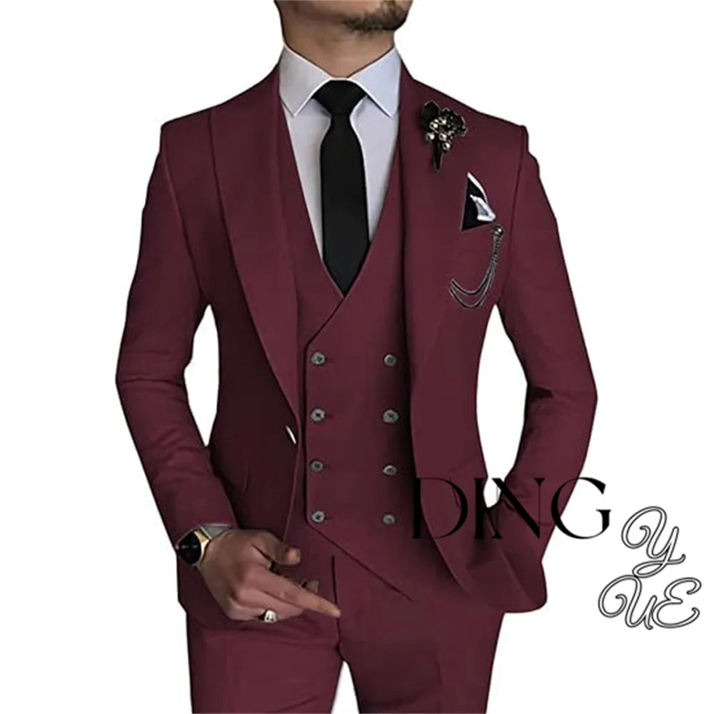 Visco Men Business Blazers Jacket Vest Trousers High End Wedding Party Groom Suit 3 Pieces Sets Coat Pants Big Size Dress