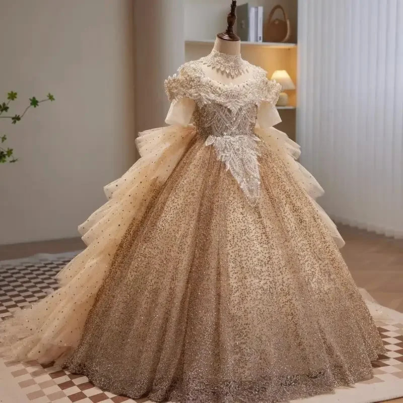Maxy High-End Children's Pearls Sequin Evening Gown Wedding Birthday Catwalk Host Performance Party Girls' Trailing Dress A2894