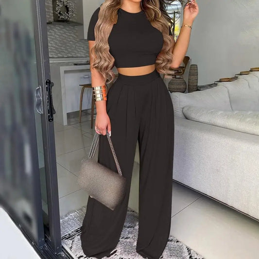 Maxy Summer Elegant Women Solid Casual Fitness Tracksuit Set Outfits Short Sleeve Crop Tops Trouser Flare Pants 2 Two Piece Set