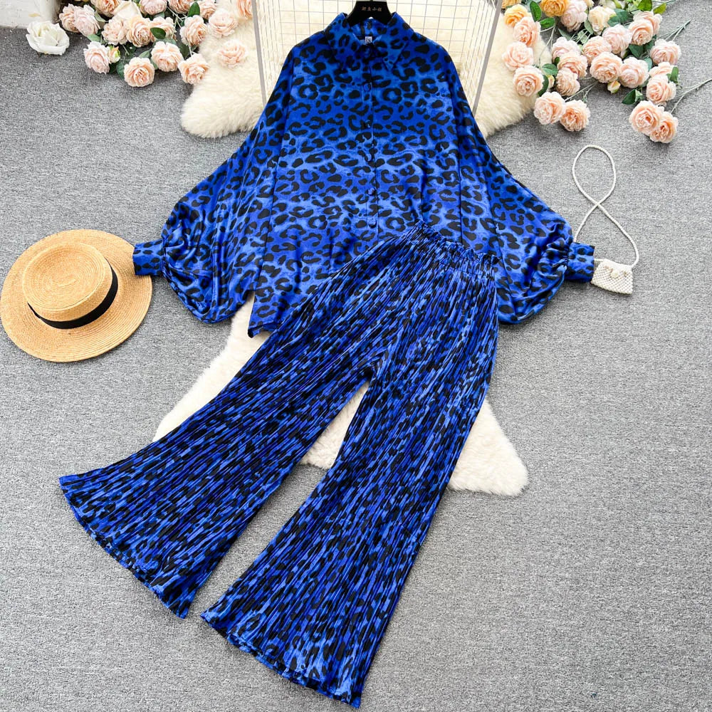 Maxy Fashion Elegant 2 Pieces Suit Women Design Sense Batwing Sleeve Shirt Tops + Loose Pleated Wide-leg Pants Female Clothes