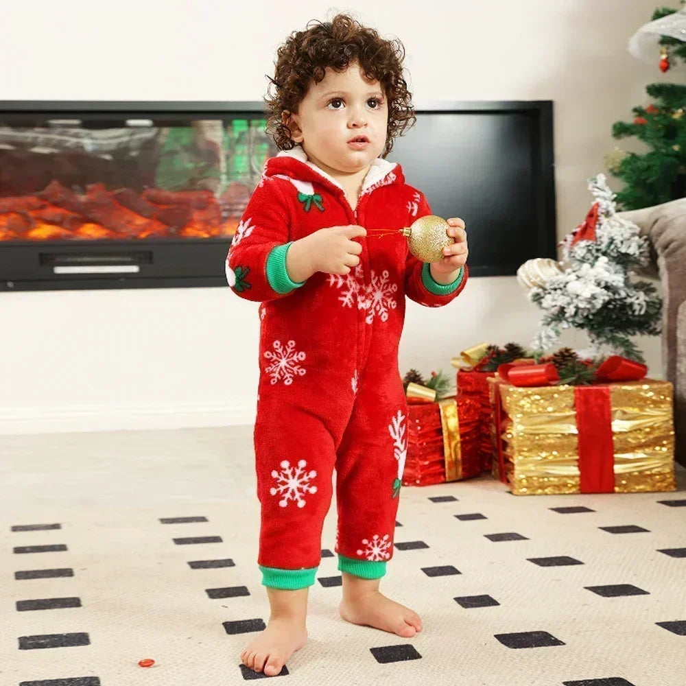 New Family Christmas Clothes Red Flannel Pajamas Warm Soft Jumpsuit Print Parent-child Matching Outfits Hooded Romper Xmas Look