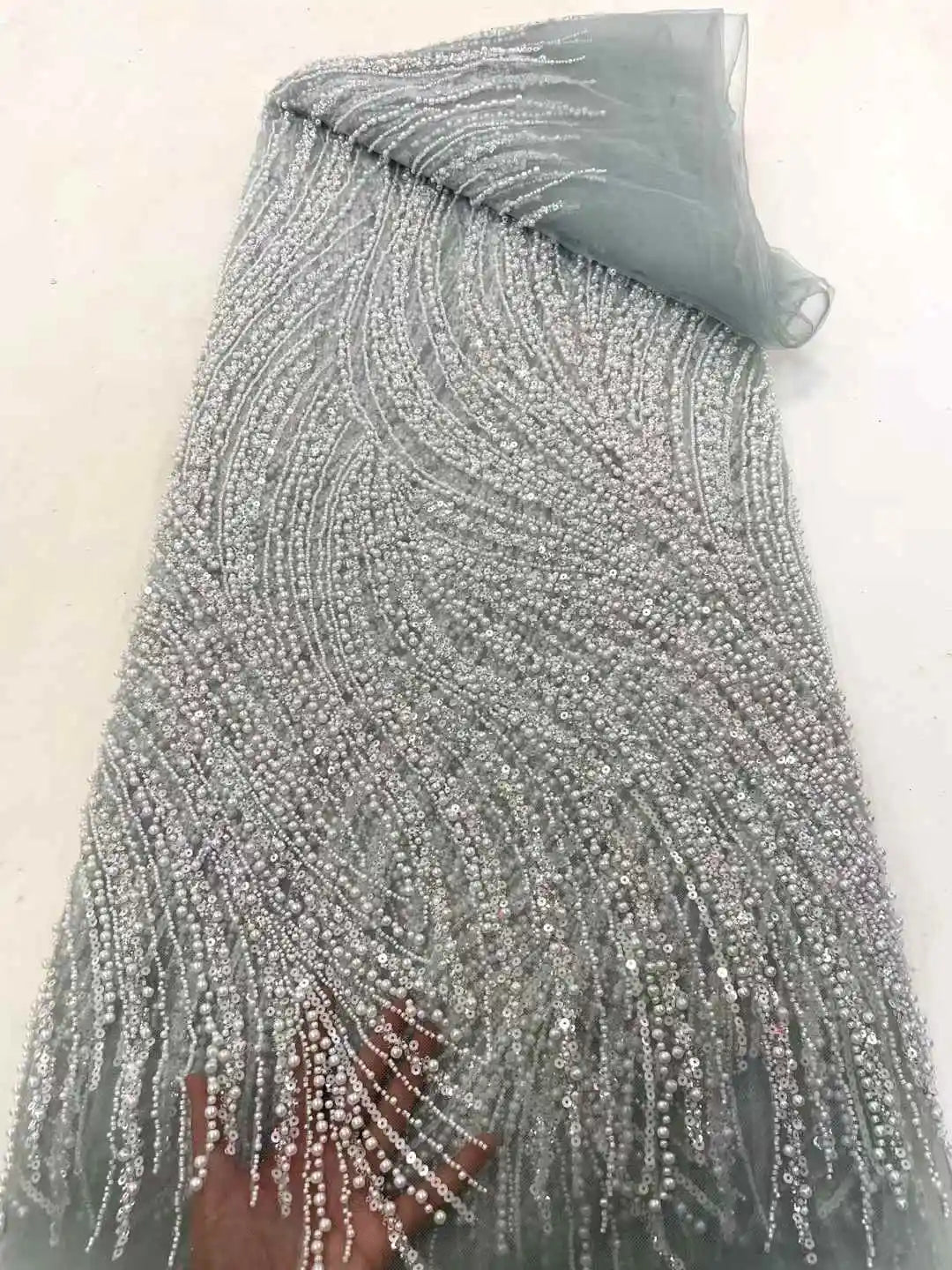Maxy Beads Lace Fabric High Quality Mesh Sequins Lace Embroidered French Groom Fabric For Sewing Evening Dresses Women