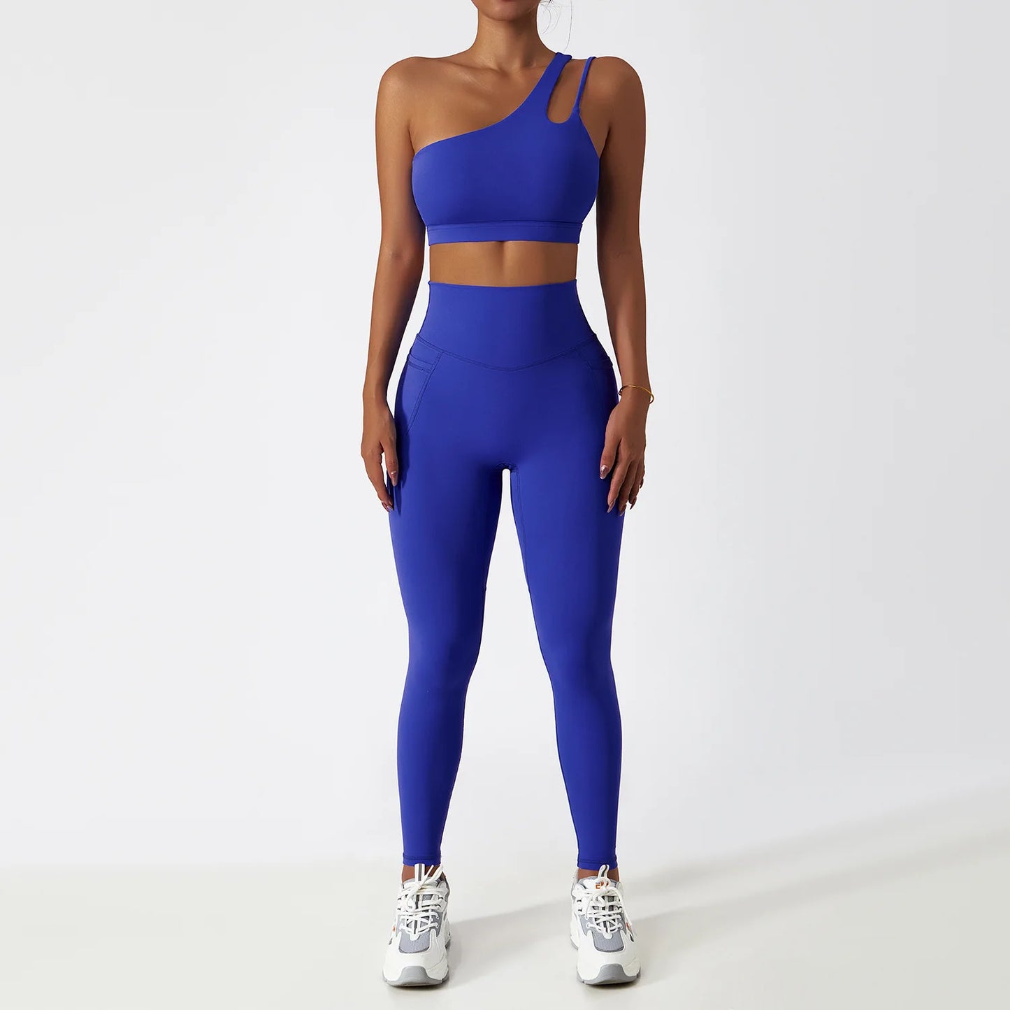 Maxy Sportswear Yoga Set Quick-Dry Tight Suit With Pocket Sports Women Tracksuits Asymmetric Shoulder Running Gym Leggings