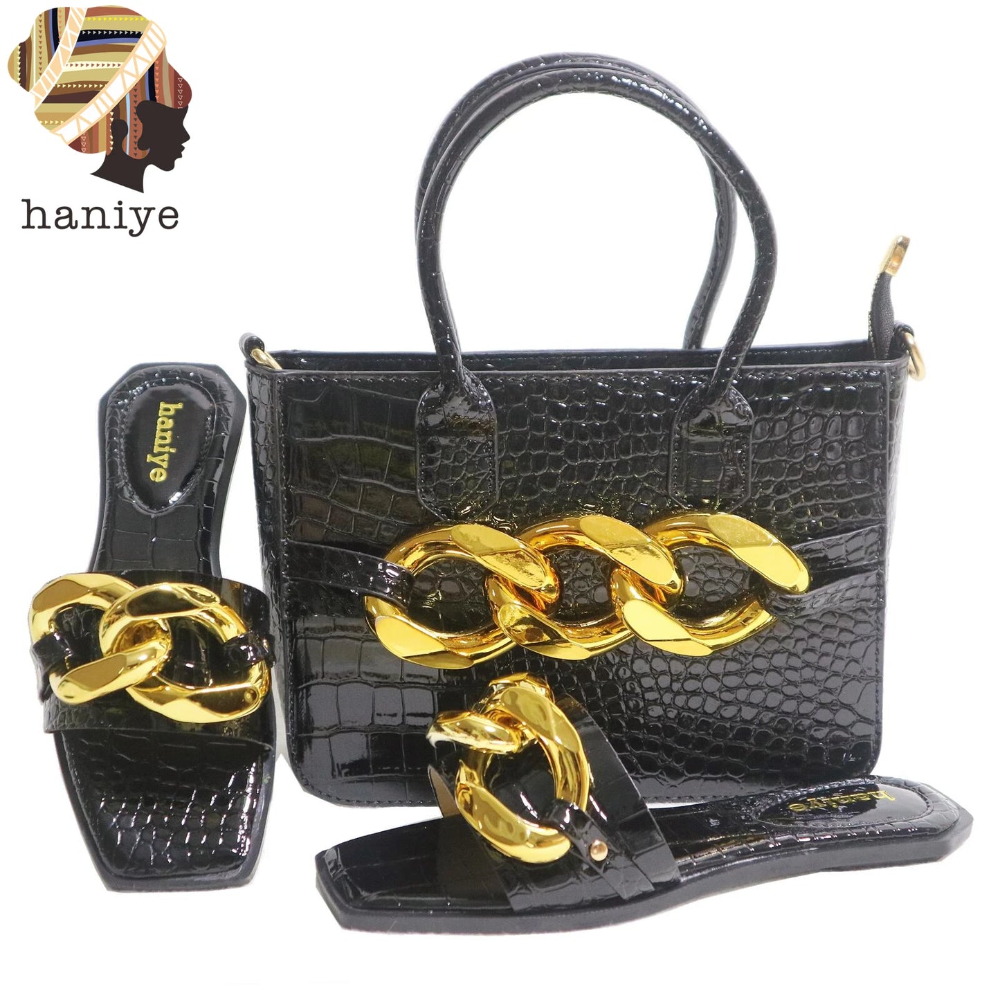 Maxy Big Metal Chain Decoration PU Handbags Matching Square Toe Flats Slippers Stone Pattern Shoes And Bag Set