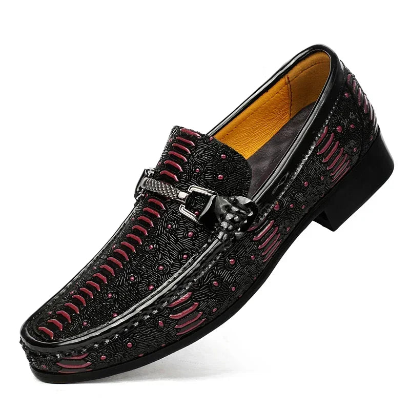 Amay New High-end Wooden Sole Business Leather Shoes Wine-Red Low-Heeled Loafers Genuine Leather Fashion Show Designer Wedding Shoes