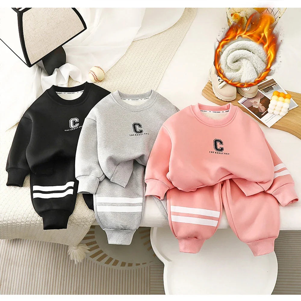 Maxy Girls Boys Velvet Clothes Sets Toddler Kids Letter Sweatshirt Pant 2pcs Suit 2024 Autumn Winter Children's Clothing Casual