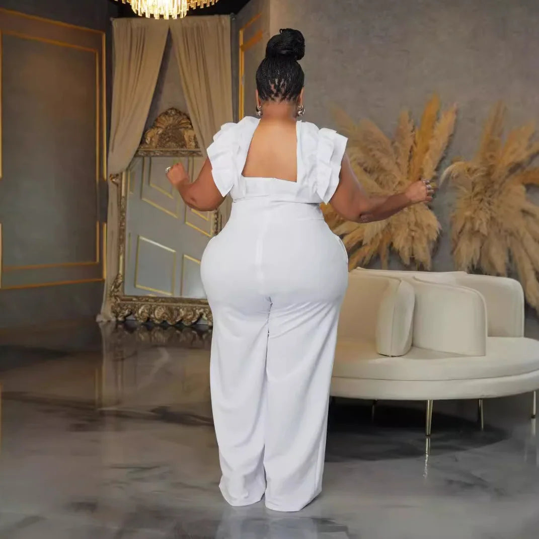 Plus Size 5XL Mercygrace Lace Elastic Slim Fit Wide Leg Jumpsuit Urban Fashion Party Elegant Solid Color Women's Clothing