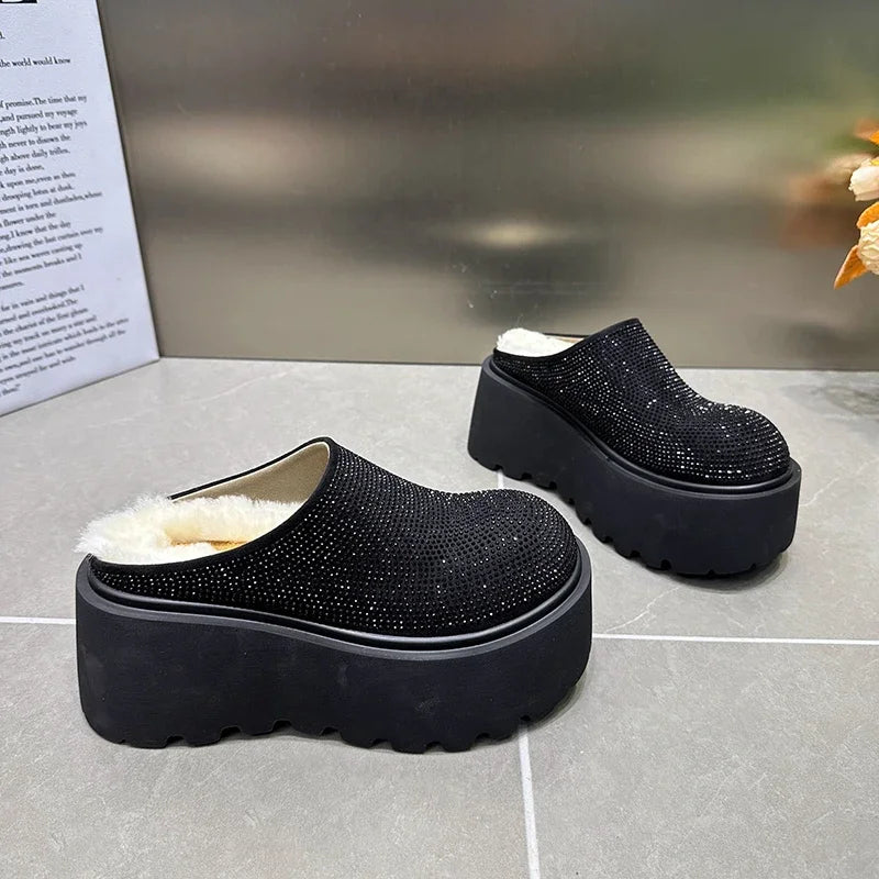 Babs Rhinestone Short Plush Women Mules Slippers Casual Cover Toe Ladies Comfort Outdoor Platform Flats House Cotton Shoes