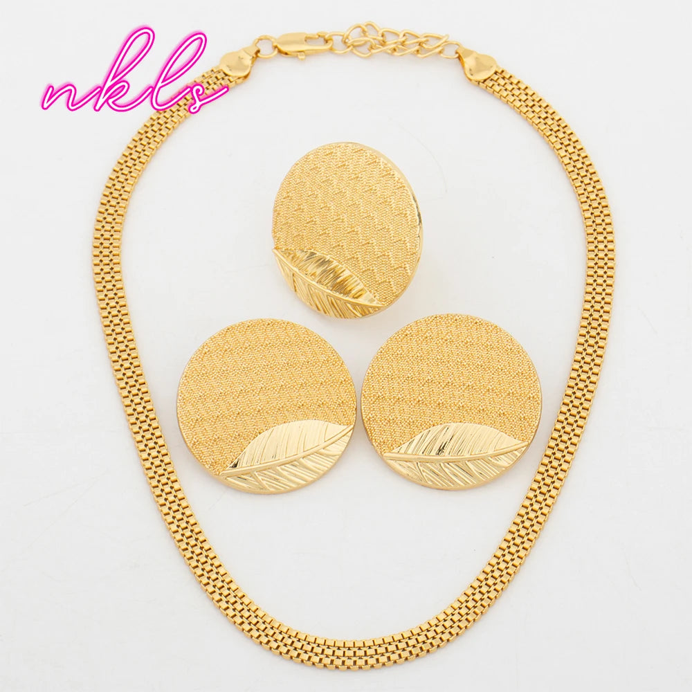 Maxy Necklace Dubai Fashion Trendy Earrings Set Simple Chain African Gold Color Earrings and Rings Set For Lady Wedding Jewellery