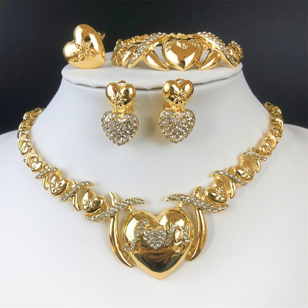 Maxy Hot selling Women XOXO Jewelry Set Gold Plated Heart Necklace Bride Wedding Necklace Earrings Bracelet Ring Set Gift