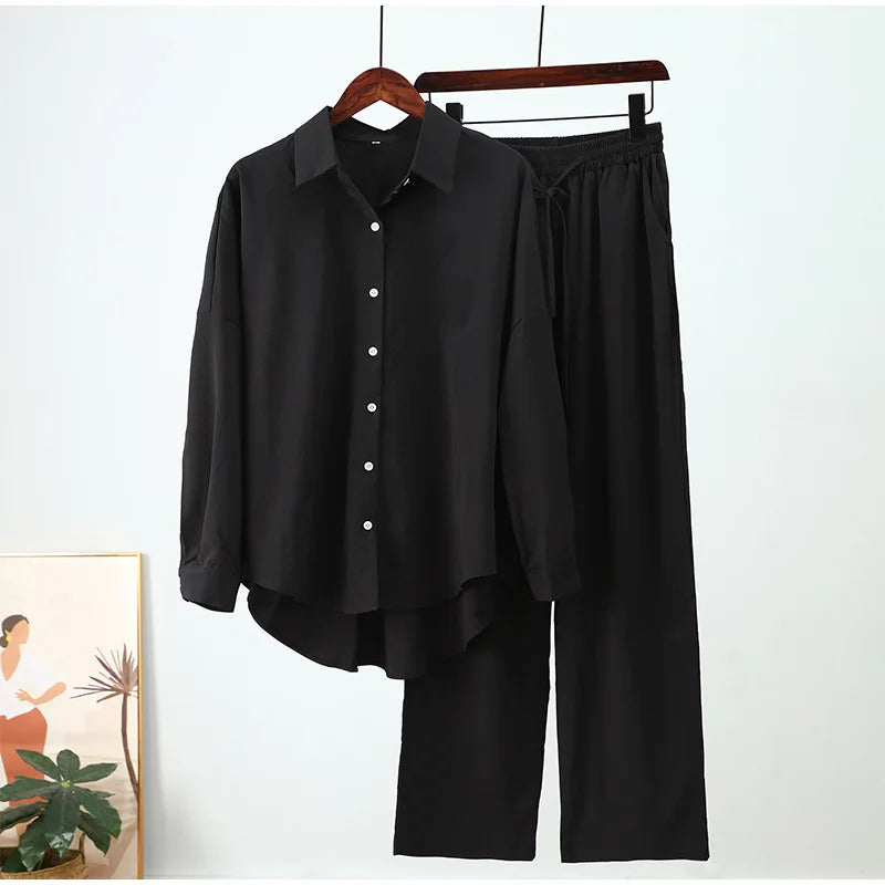 Maxy Wide Leg Pants Set Two Piece Set Women Vintage Maxi Shirt Suit Stylish Set Casual Loose Work Streetwear Y2k Holiday Outfits