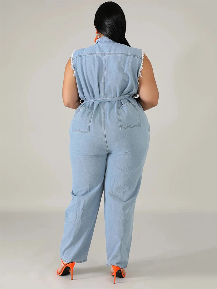 Maxy Women's Jeans Plus Size Streetwear One Piece Suit with Sash Denim Elegant Oversized Ripped Jumpsuit.