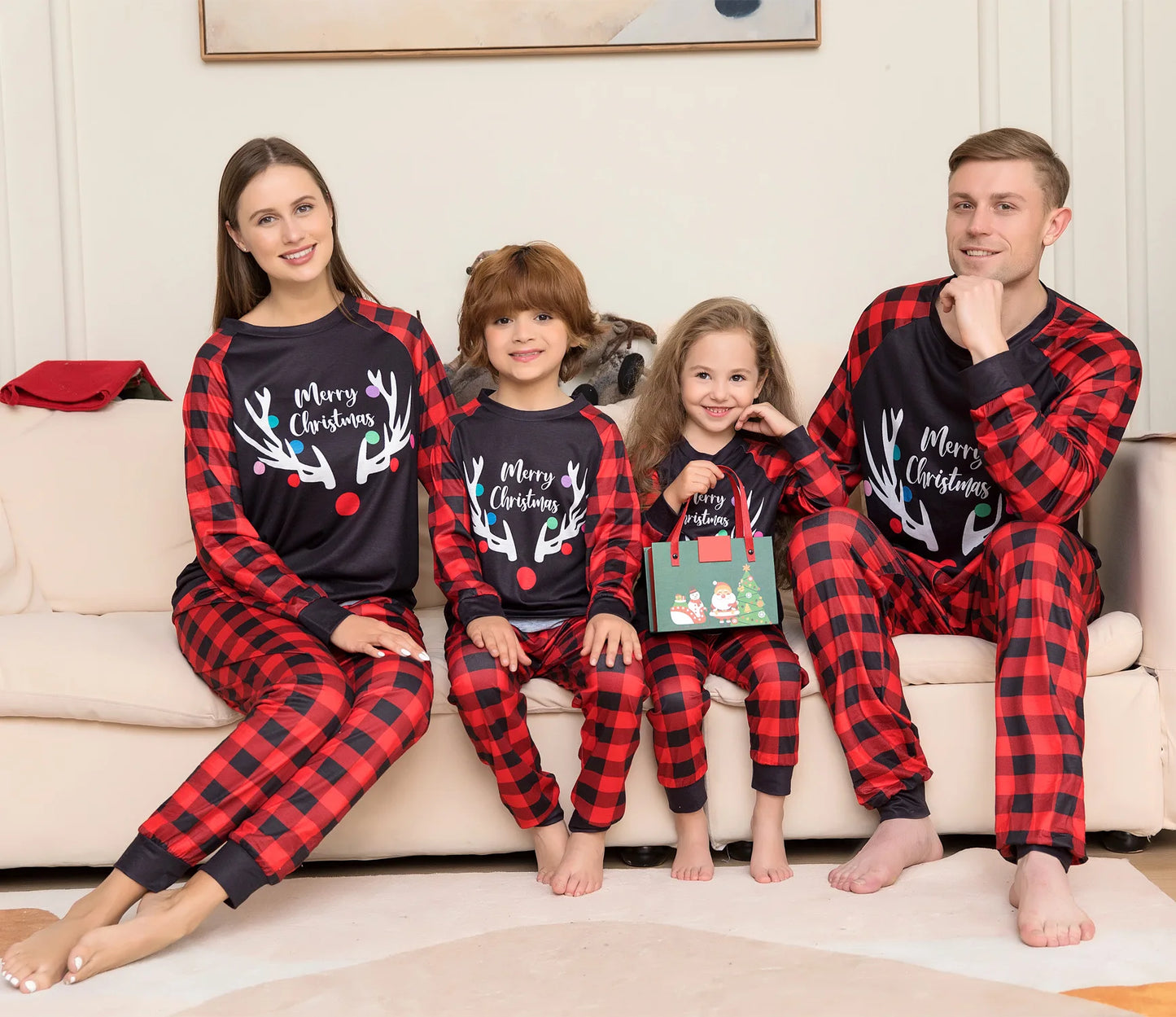 Merry Christmas Print Plaid Family Pajamas Set Soft Cute 2 Pcs Sleepwear Adults Kids Clothing Sets Baby&Dog Romper Pjs Xmas