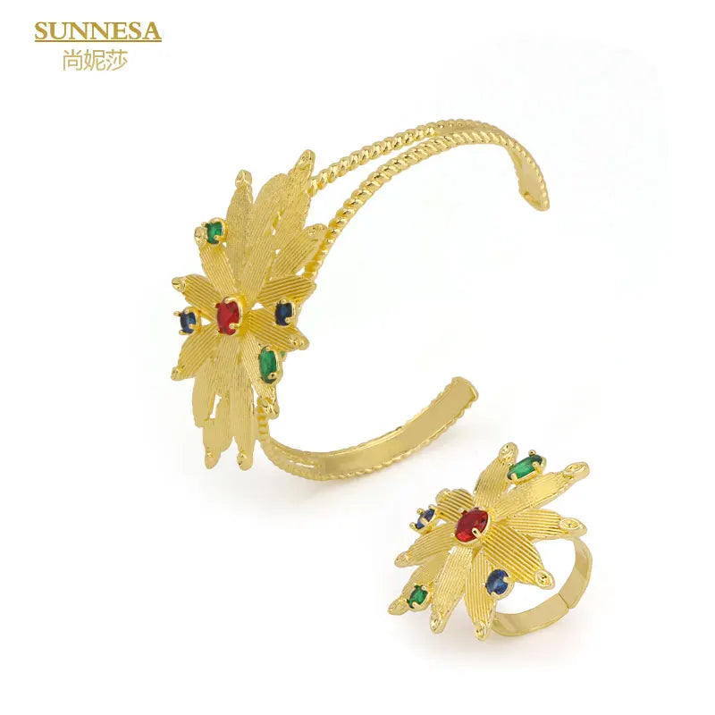Maxy Colorful Zircon Luxury Dubai Jewelry Sets for Women Golden Necklace Earrings Party Gift Fashion African Bracelet Rings